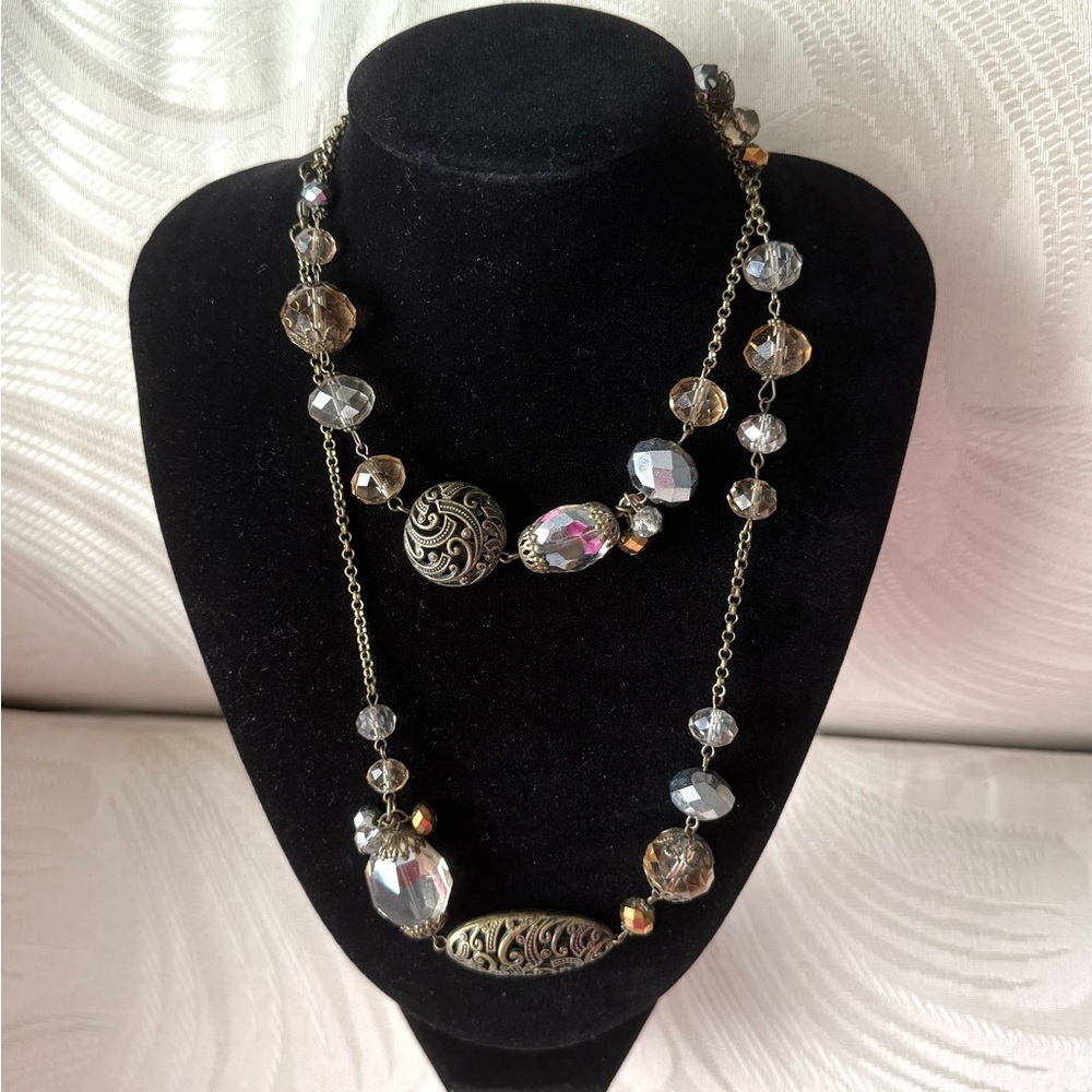 Vintage Opera Length Necklace Brass and Crystals 36”